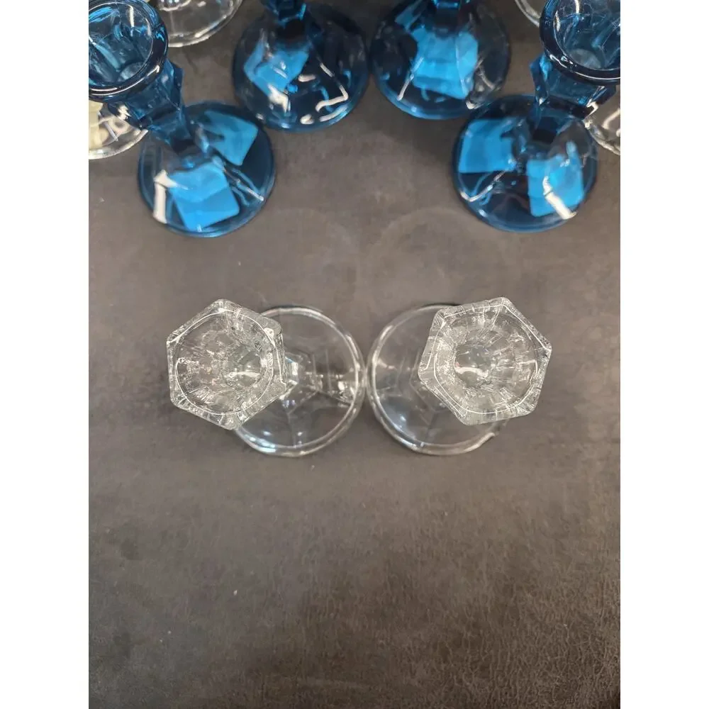 Libbey Crisa Glass Candlestick Holders Lot of 12 Aquamarine Blue Clear Taper